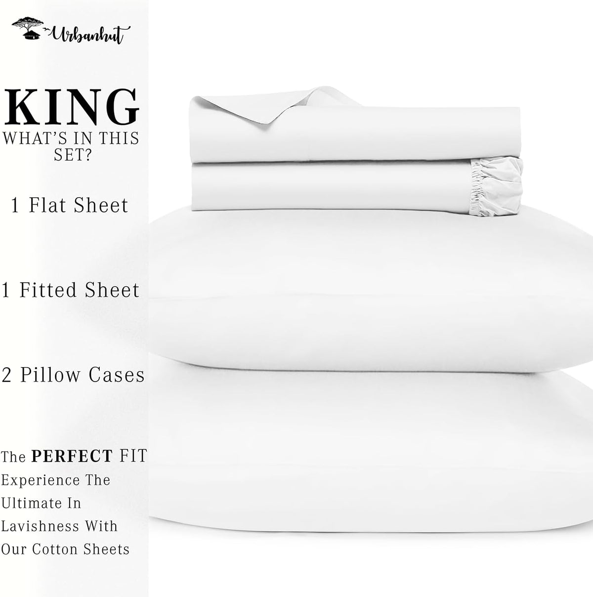 URBANHUT 100% Cotton Sheets King Size, for Everyday Use - White
