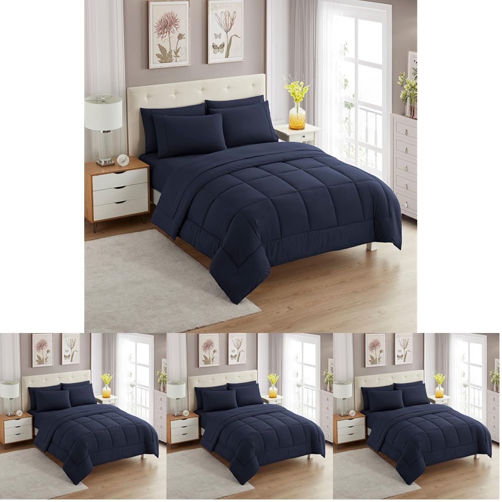 Sweet Home Collection 5 Piece Comforter Set Bag Solid Color All Season Soft Down Alternative Blanket & Luxurious Microfiber Bed Sheets, Navy, Twin