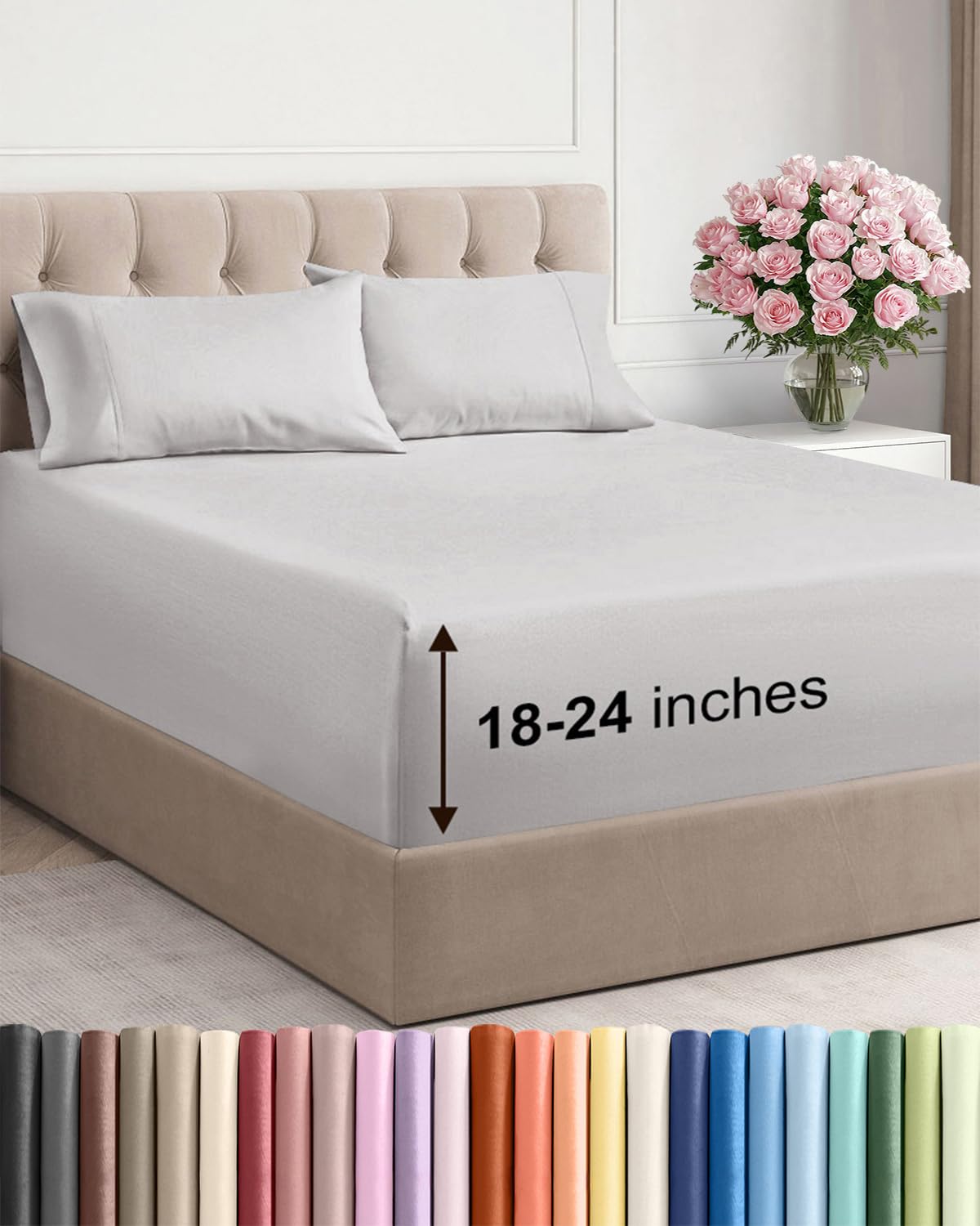 Extra Deep Queen Sheet Set - 6 Piece Breathable and Cooling Sheets - Grey