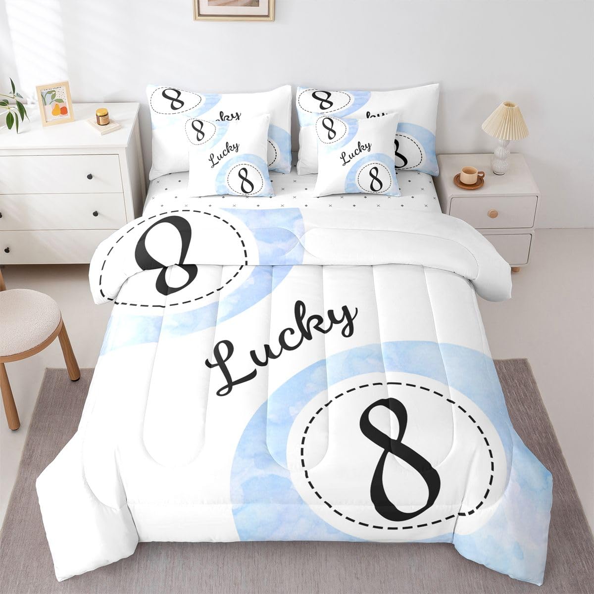 Erosebridal Leopard Print Bedding Set,7 Piece Pink Lucky 8 Ball Cheetah Bed in A Bag Queen Comforter Set for Boys Girls Women Preppy Room Decor Aesthetic Comforter and Sheets Fashion Coquette Bed Set