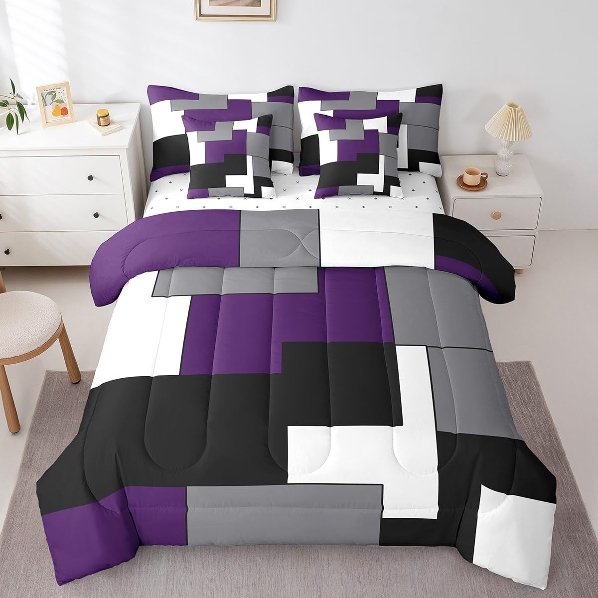 Erosebridal 7 Pcs Rustic Cow Comforter Set King Size,Western Texas Star Bed in a Bag with Flat Fitted Sheet for Cowboy Cowgirl,Cowhide Cow Print Bedding Set with Pillowcases and Cushion Cases