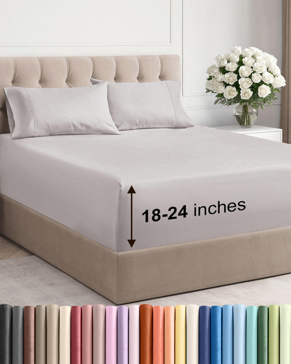 Extra Deep Queen Sheet Set - 6 Piece Breathable and Cooling Sheets - Grey
