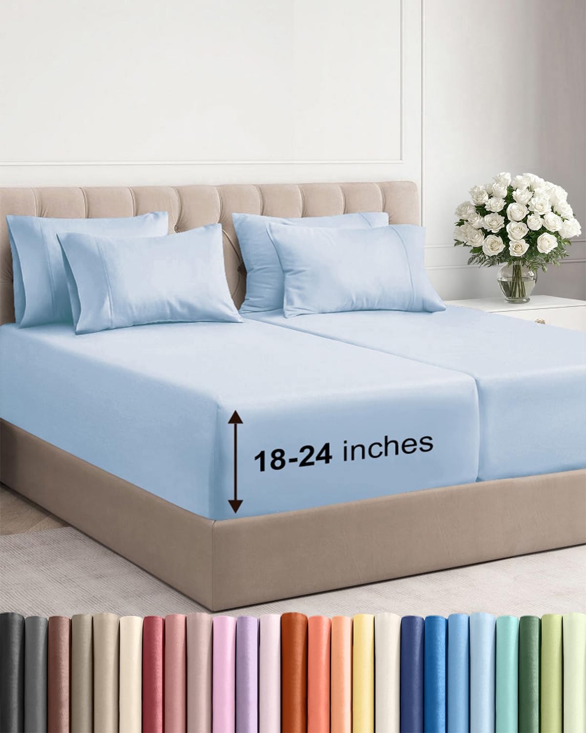 Extra Deep Queen Sheet Set - 6 Piece Breathable and Cooling Sheets - Grey