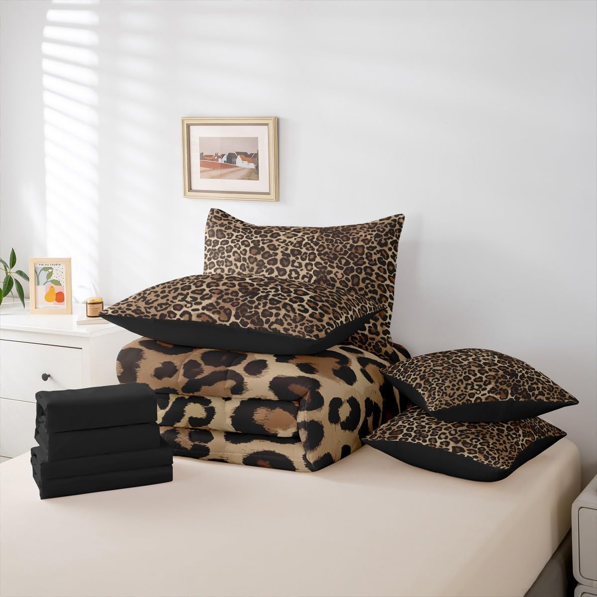 Erosebridal Leopard Print 7 Piece Bedding Set Full Cheetah Decor Comforter Set with Sheets Geometric Modern Bed in A Bag African Safari Animal Bed Sets with 2 Pillowcases, 2 Pillow Covers Lightweight
