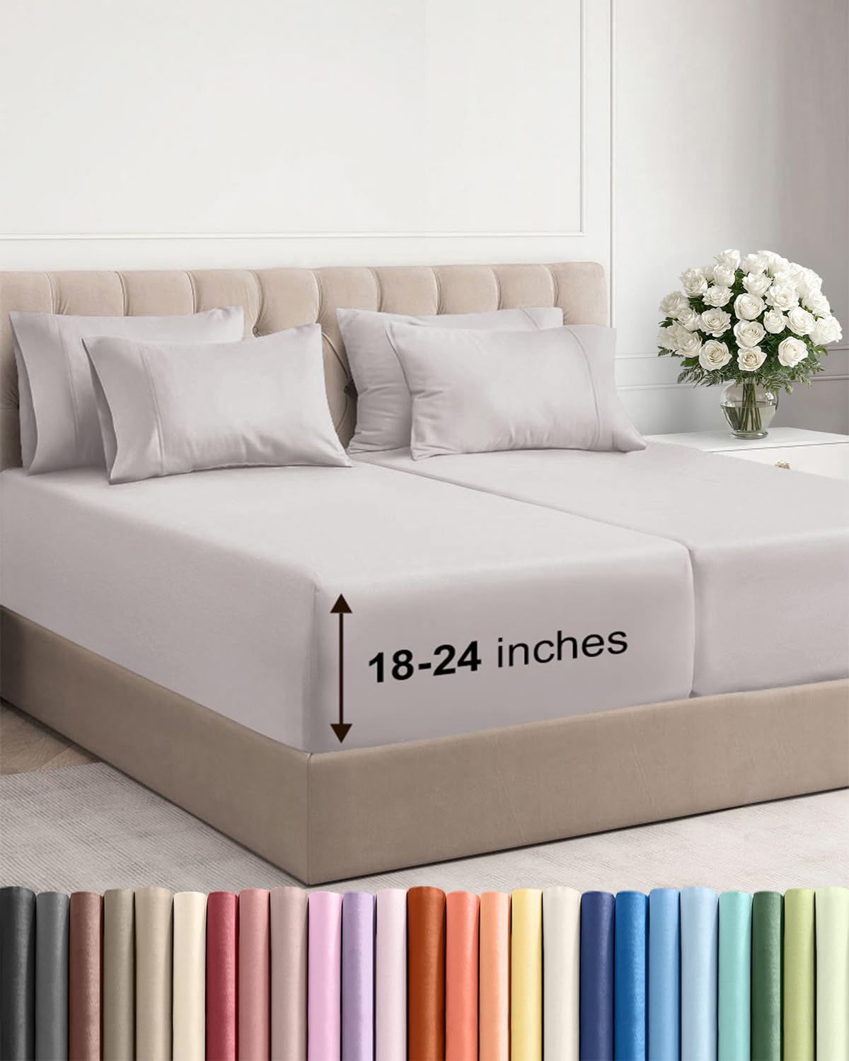 Extra Deep Queen Sheet Set - 6 Piece Breathable and Cooling Sheets - Grey