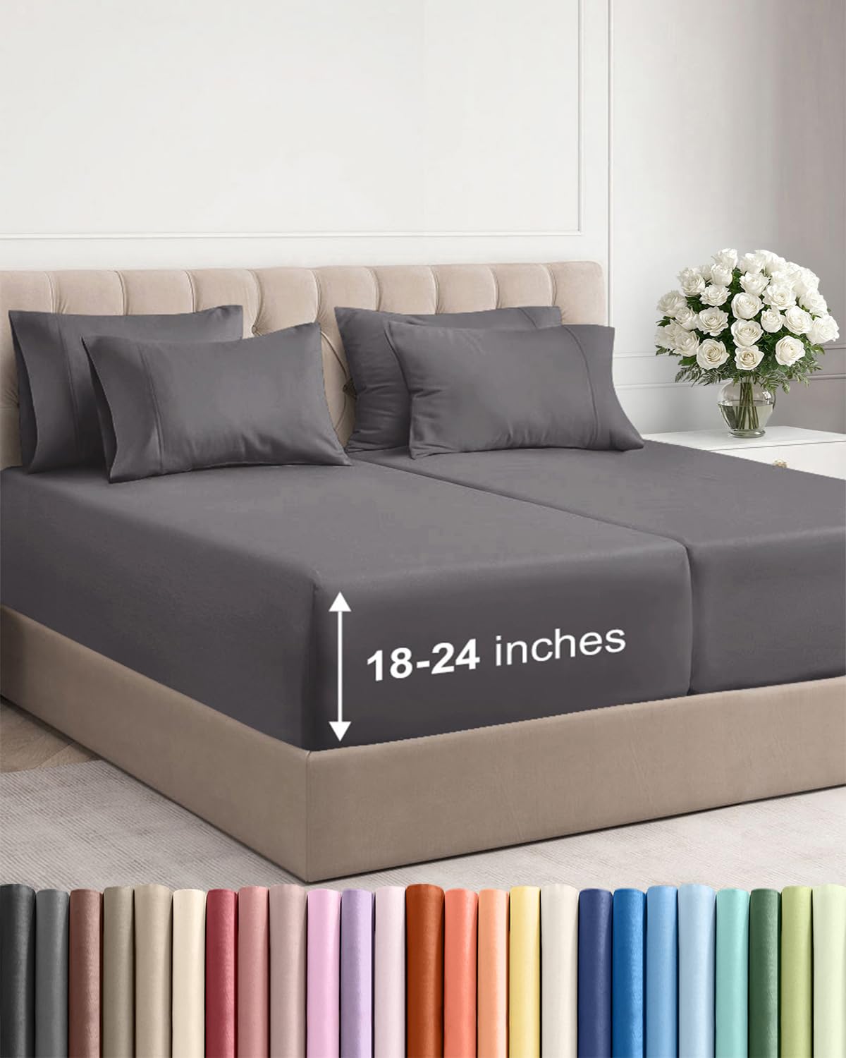 Extra Deep Queen Sheet Set - 6 Piece Breathable and Cooling Sheets - Grey