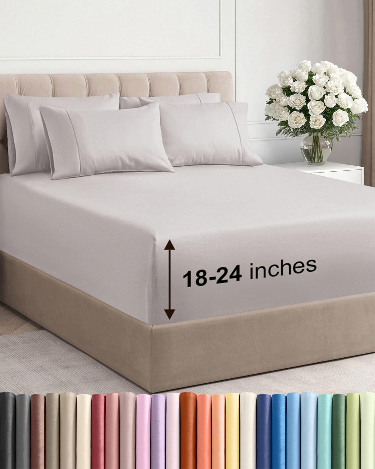 Extra Deep Queen Sheet Set - 6 Piece Breathable and Cooling Sheets - Grey