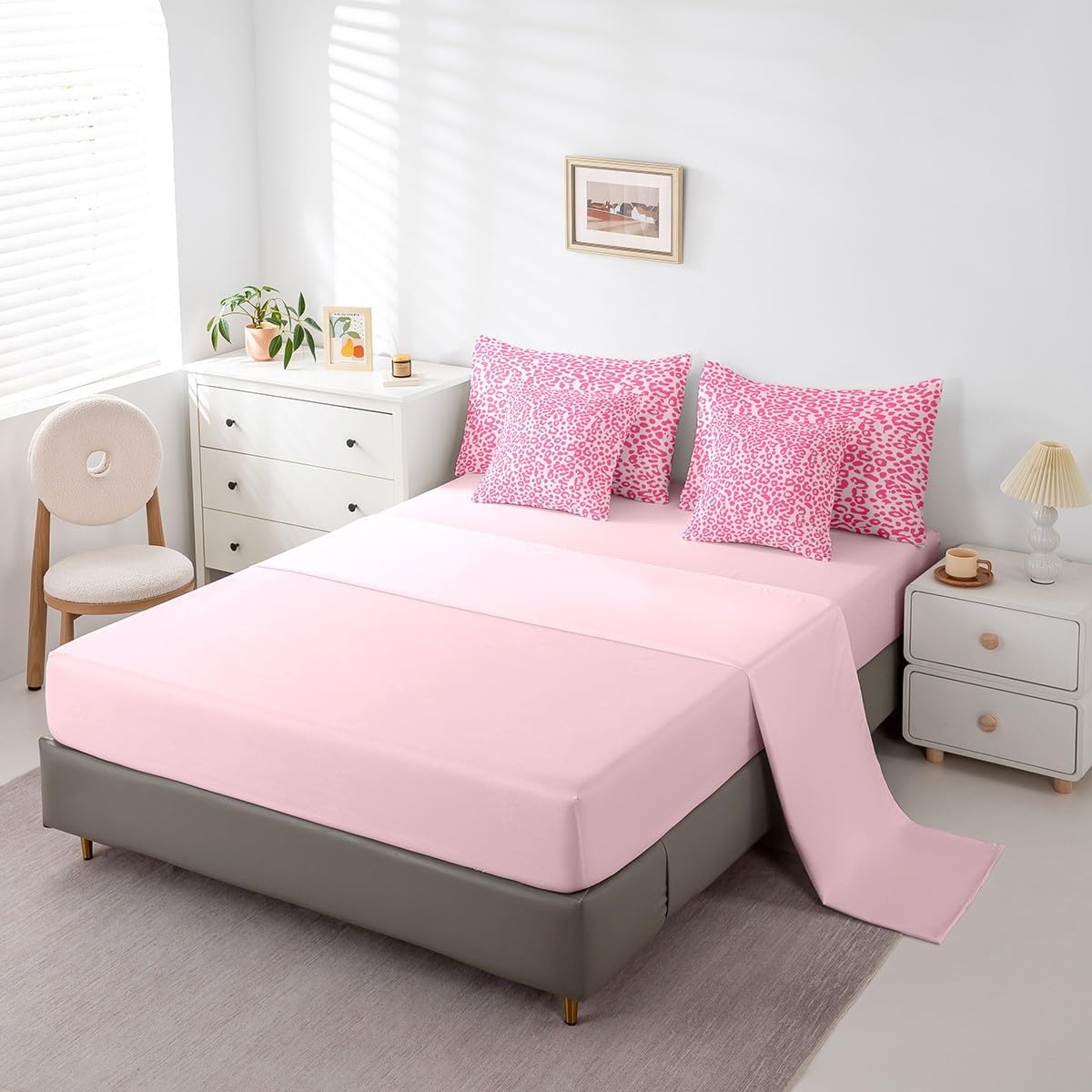 Feelyou Cute Leopard Bedding Set for All Season Cheetah 7 Pieces Comforter Sets Full Size Teens Room Decor Pink Animal Print Bed in a Bag with Comforter, Sheets, Pillowcases & Cushion Cover
