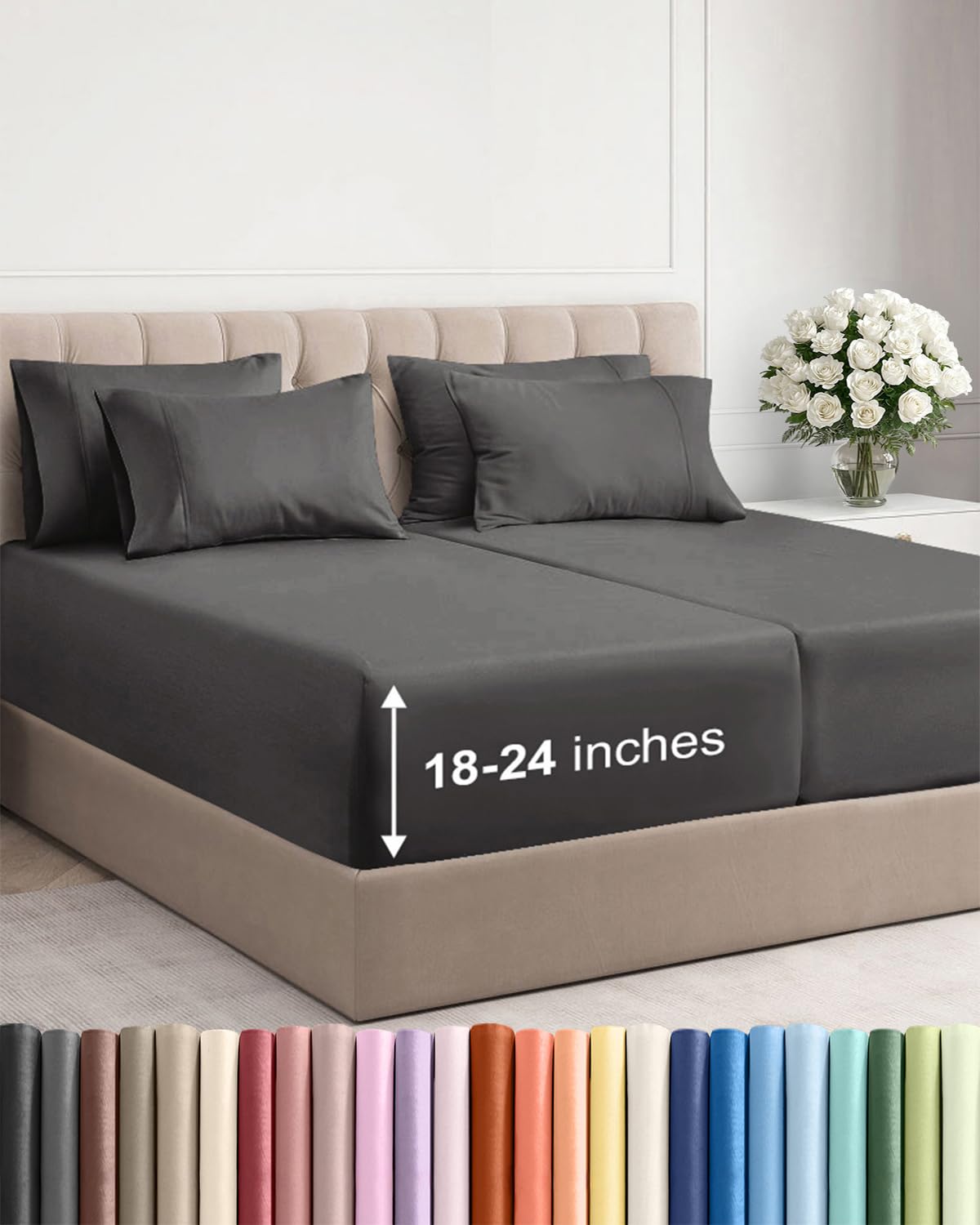 Extra Deep Queen Sheet Set - 6 Piece Breathable and Cooling Sheets - Grey