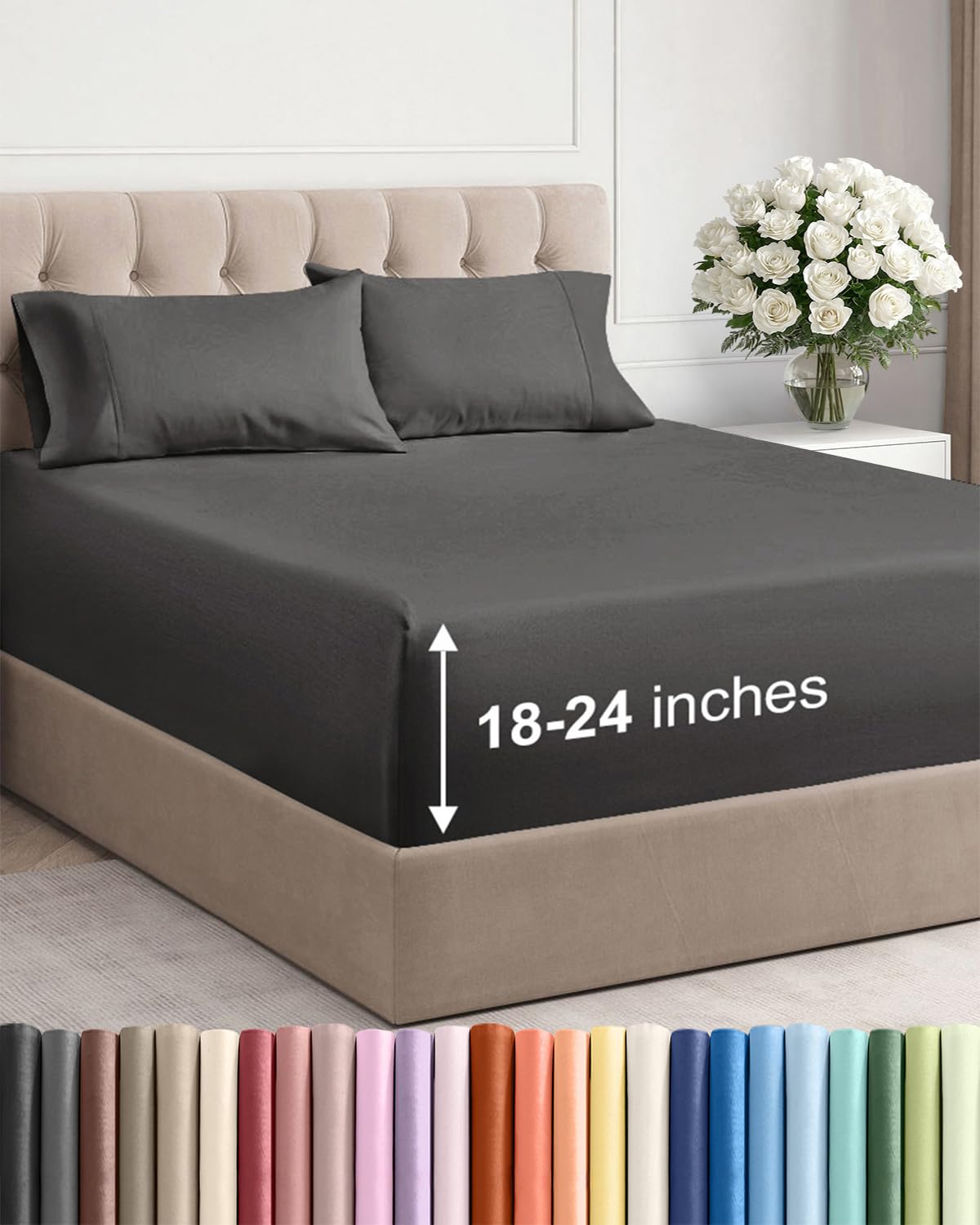 Extra Deep Queen Sheet Set - 6 Piece Breathable and Cooling Sheets - Grey