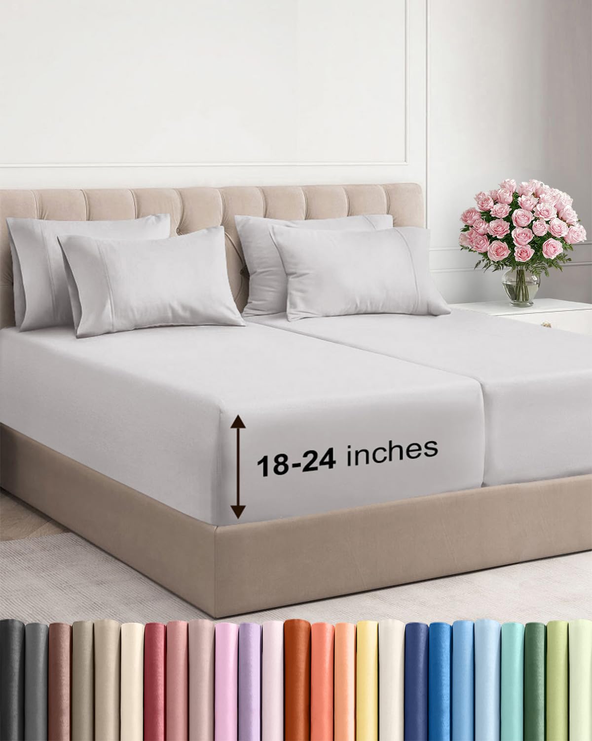 Extra Deep Queen Sheet Set - 6 Piece Breathable and Cooling Sheets - Grey
