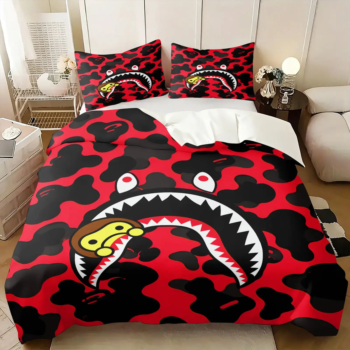 Ape Red & Black Camo Shark Mouth Cartoon Monkey Print Duvet Cover Set, 1 Duvet and 1-2 Pillowcases, Street Trendy Style Comfortable Easy Care Bedding, Ideal for Teen Hypebeast Bedroom Dorm Gaming Room Decor