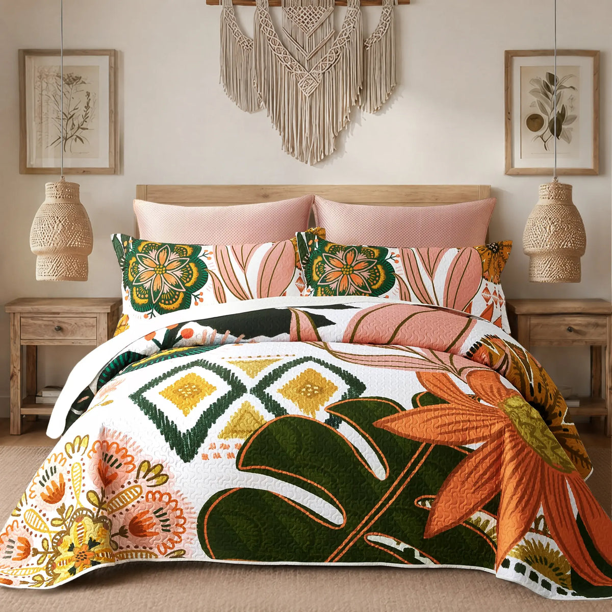 Tyrot 3-Piece Queen Size/California King Bohemian Quilt Bed Set - Wrinkle-Resistant Microfiber Comforter Set with 2 Shams, Farmhouse Botanical Reversible Lightweight Coverlet, Mid-Century Leaves, Breathable Fade-Proof All-Seasons Black Bedding, Queen Size