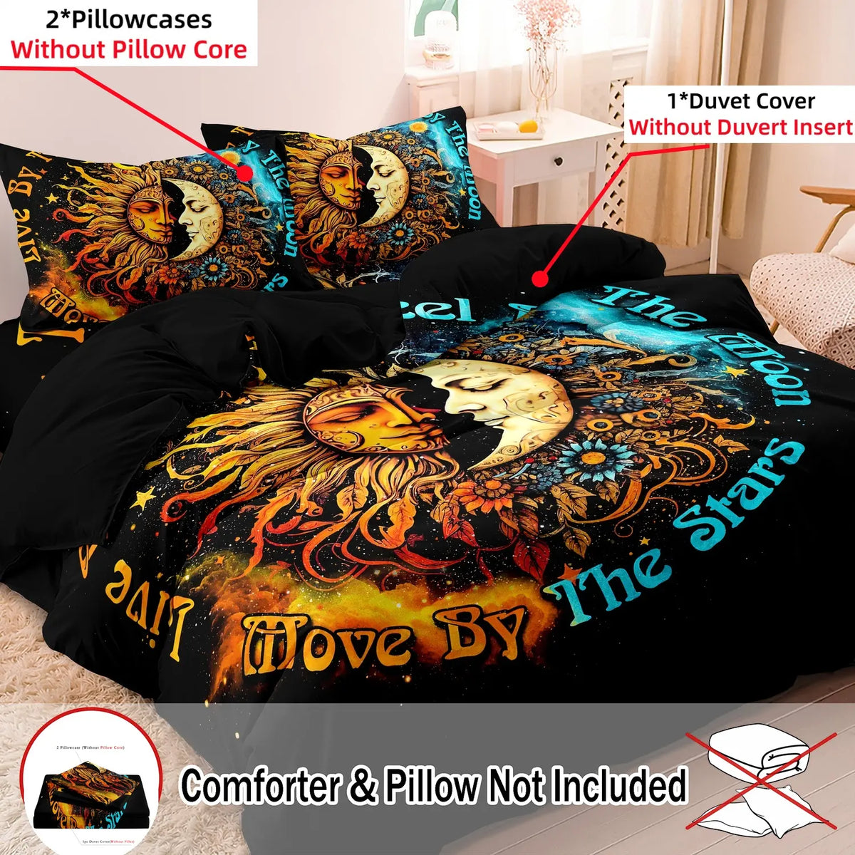 Ramadan Decoration Sun & Moon Pattern Decorative Duvet Cover Set, 3 Counts/set Including 1 Duvet Cover & 2 Pillowcases without Filler, Soft Comfortable Theme Bedding Set for Home Bedroom Comfy Bedding Sets #GLOBAL PICKS