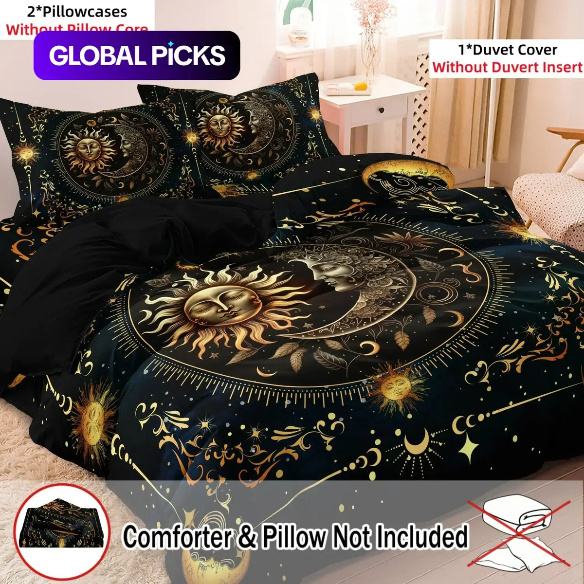 Ramadan Decoration Sun & Moon Pattern Decorative Duvet Cover Set, 3 Counts/set Including 1 Duvet Cover & 2 Pillowcases without Filler, Soft Comfortable Theme Bedding Set for Home Bedroom Comfy Bedding Sets #GLOBAL PICKS