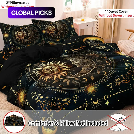 Ramadan Decoration Sun & Moon Pattern Decorative Duvet Cover Set, 3 Counts/set Including 1 Duvet Cover & 2 Pillowcases without Filler, Soft Comfortable Theme Bedding Set for Home Bedroom Comfy Bedding Sets #GLOBAL PICKS