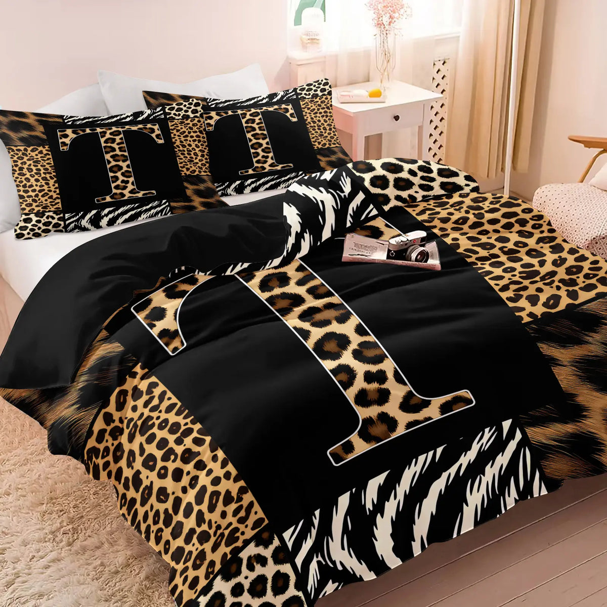 Leopard Zebra Print Letter M Decorative Duvet Cover Set (1 Duvet Cover + 1-2 Pillowcases), Soft Skin Friendly Breathable All Season Bed Linen, Animal Patchwork Letter M HD Vivid Printed Bedding Set, Edgy Modern Bedroom & Dorm Home Decor, Soft Bedding Sets