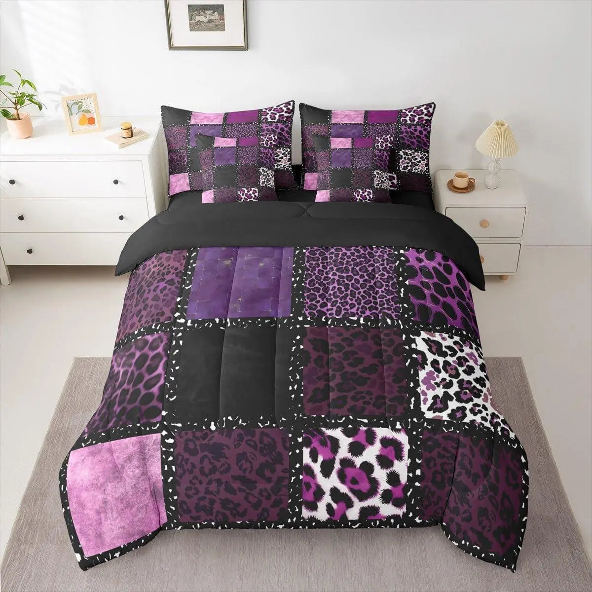 Feelyou 7-Piece Pink Leopard Print Queen Bedding Set - Animal Skin Texture Quilt, Patchwork Geometric Design, Sheet Set, Pillowcases, Pillow Covers for Farmhouse Home, Room, House Decor, Whimsical Home Decor, Animal Wildlife Textiles, Room Decor, Farmhous