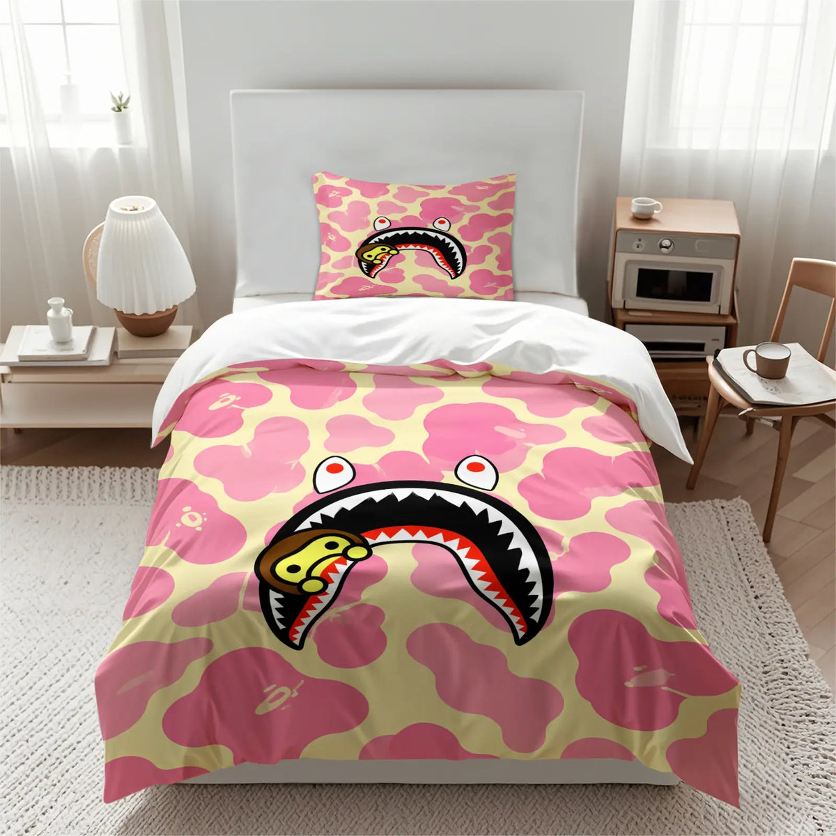 Ape Red & Black Camo Shark Mouth Cartoon Monkey Print Duvet Cover Set, 1 Duvet and 1-2 Pillowcases, Street Trendy Style Comfortable Easy Care Bedding, Ideal for Teen Hypebeast Bedroom Dorm Gaming Room Decor