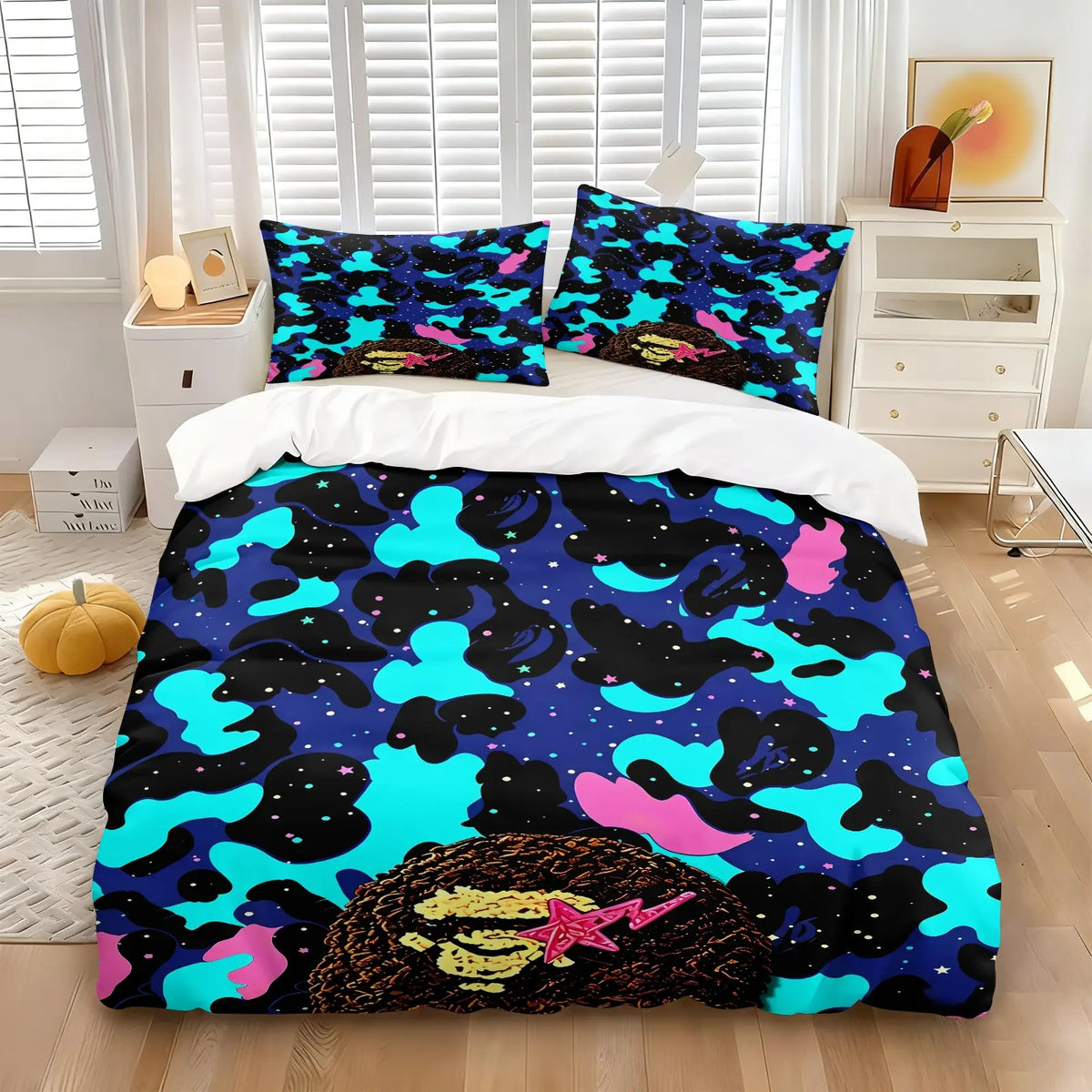 Streetwear Grey Camo Ape Head Duvet Cover Set (1 Duvet Cover + 1-2 Pillowcases), Soft Breathable Bed Linen, Cartoon Monkey Red Star Camouflage HD Digital Printed Vivid Pattern, Trendy Cool Aesthetic Bedroom Decor for All Season Use Camouflage Bedding Set