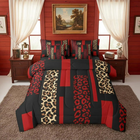 Feelyou Women's 7-Piece Brown-Red Leopard Print Bed-in-A-Bag Bedding Set - Cheetah Stripe Comforter, Abstract Animal Skin Texture Sheets, Queen Size, for Bedroom Decor,sohochic