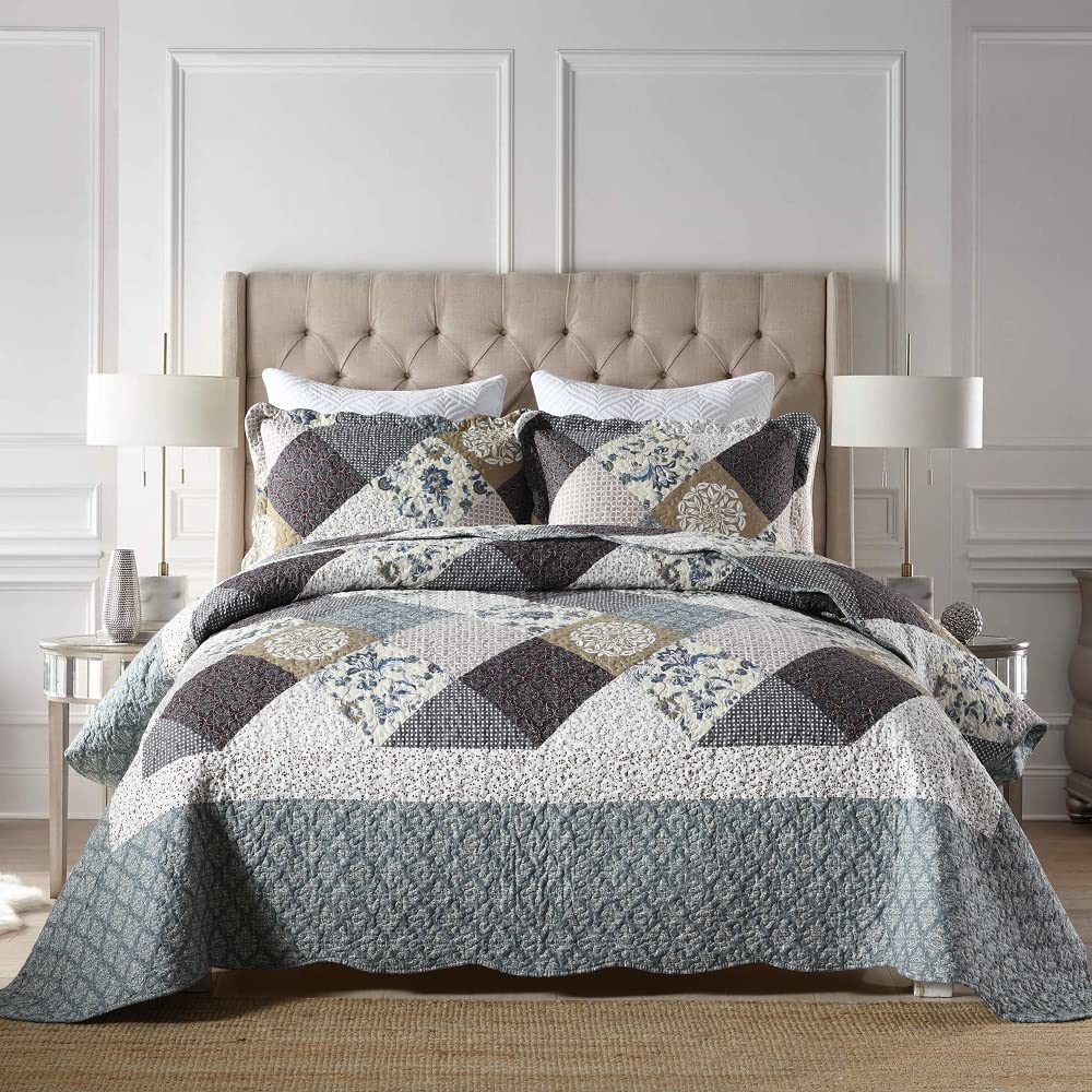 Travan 3-Piece Quilt Set Quilted Bedspread Lightweight Coverlet Set Garden Style Floral Printed Oversized Quilted Bedding Set with Shams for All Season, Exquisite, Queen Size