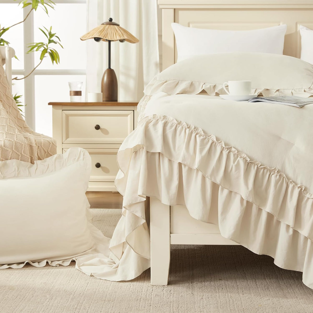 Andency Beige Ruffle Full Size Comforter Set, 3 Pieces