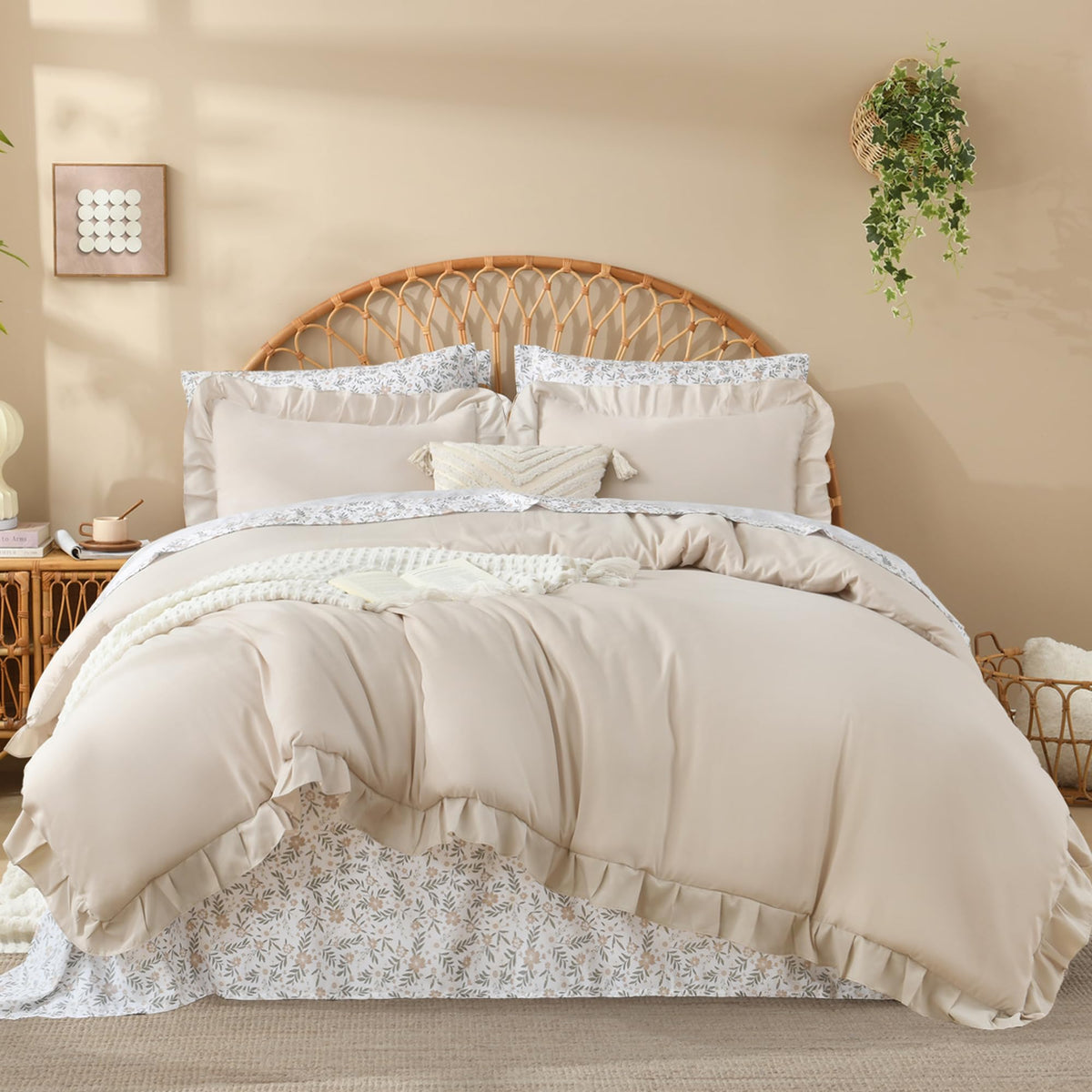 Litanika 7Pcs Queen Ruffled Sage Green Comforter Set with Floral Sheets