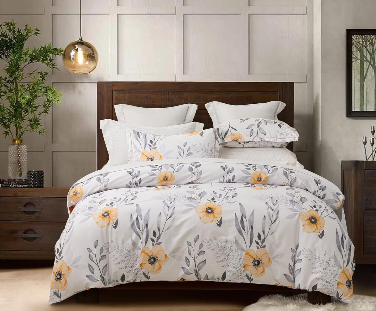 SLEEPBELLA Duvet Cover King Size, 600 Thread Count Cotton Beige & Bluish Grey Printed with Luxurious Leaves Pattern Reversible Botanical Comforter Cover Sets, Bedding Set 3Pcs (King, Beige Paisley)