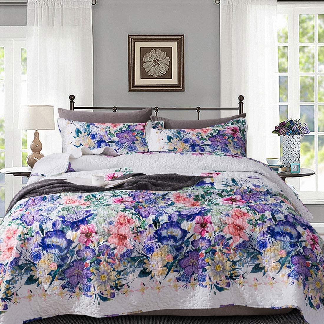 Travan 3-Piece Quilt Set Quilted Bedspread Lightweight Coverlet Set Garden Style Floral Printed Oversized Quilted Bedding Set with Shams for All Season, Exquisite, Queen Size