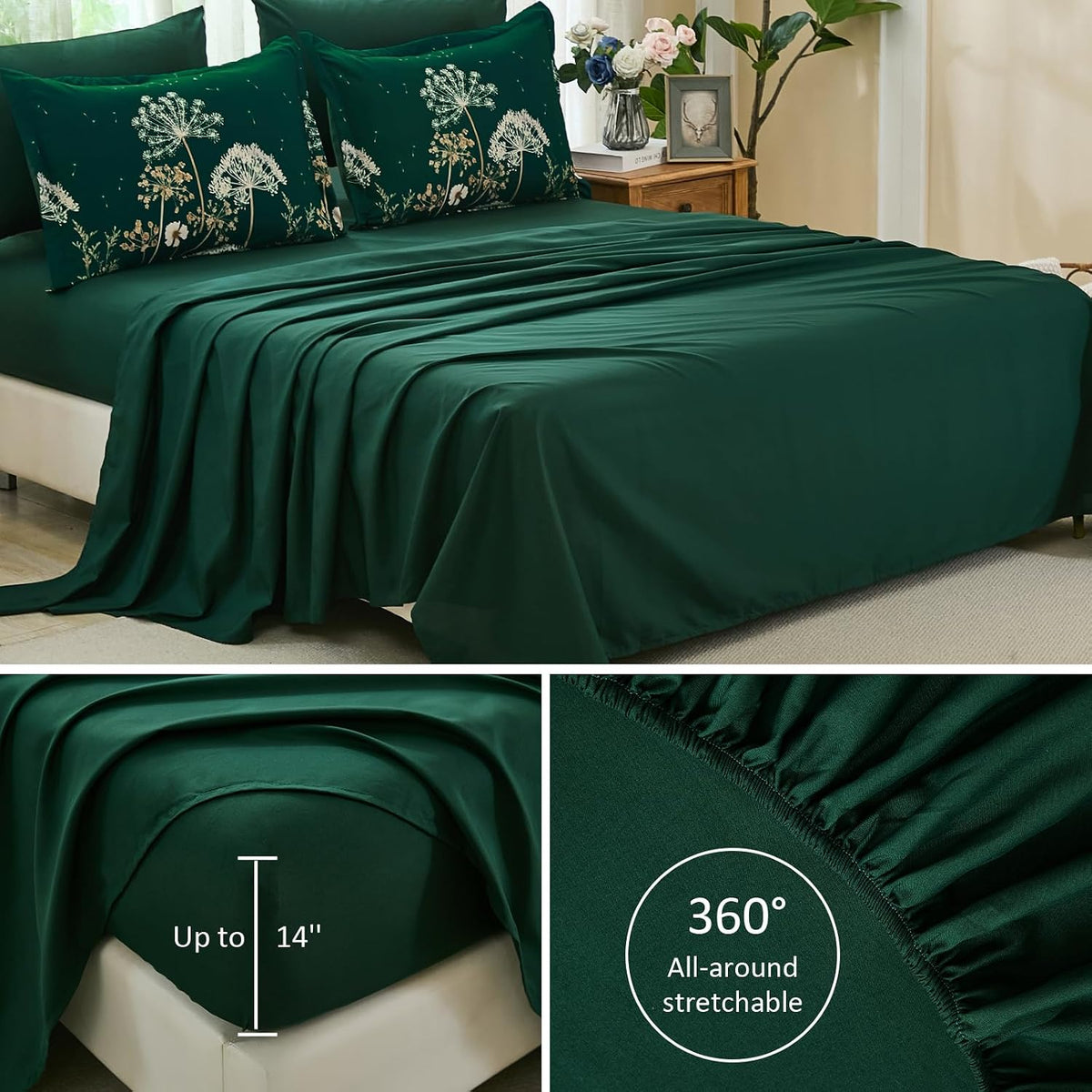 Yiran Queen Comforter Set, 7 Piece Floral Dark Green Bedding Set, Dandelion Botanical Bed in a Bag Queen, Soft Microfiber Complete Bedding Set with Comforter, Sheets, Pillowcases & Shams
