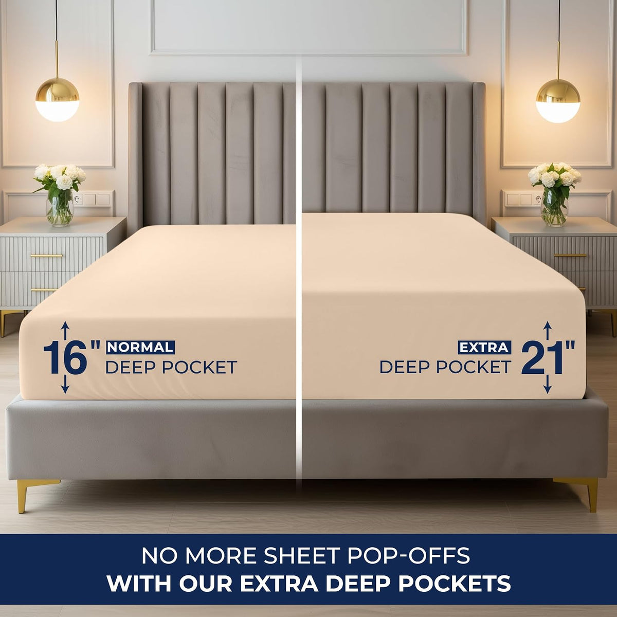 Extra Deep Pocket King Fitted Sheet, Fits 16-21 Inch Mattress, Beige