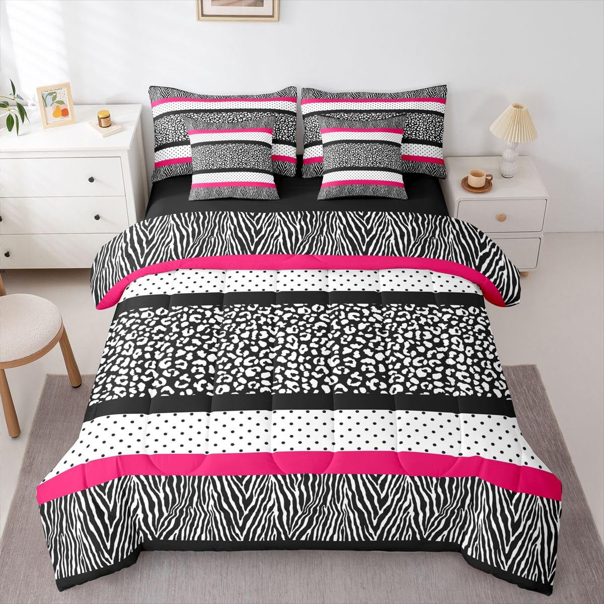 Feelyou Cute Leopard Bedding Set for All Season Cheetah 7 Pieces Comforter Sets Full Size Teens Room Decor Pink Animal Print Bed in a Bag with Comforter, Sheets, Pillowcases & Cushion Cover