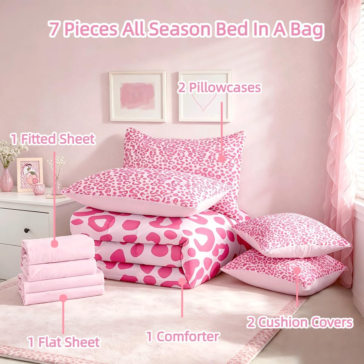 Feelyou Cute Leopard Bedding Set for All Season Cheetah 7 Pieces Comforter Sets Full Size Teens Room Decor Pink Animal Print Bed in a Bag with Comforter, Sheets, Pillowcases & Cushion Cover