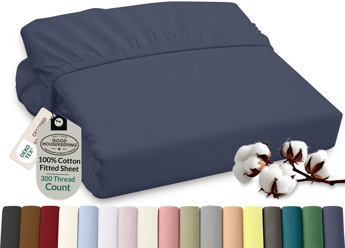 ROYALE LINENS 300 Thread Count 100% Long Staple Combed Cotton Fitted Sheet Full - Super Soft Deep Pocket Bottom Sheet - Fitted Sheets Only - Elastic Sheets (Full, White)