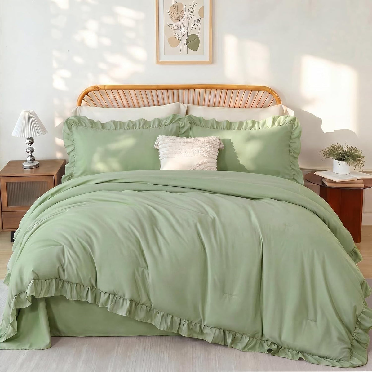 ZRNBAST Full Comforter Set Sage Green, 5 Pieces Ruffle Full Bed Sets, Soft Farmhouse Fluffy Bed in a Bag Shabby Chic Bedding Sets with Ruffled Comforter, Flat Sheet, Fitted Sheet, Pillowcases