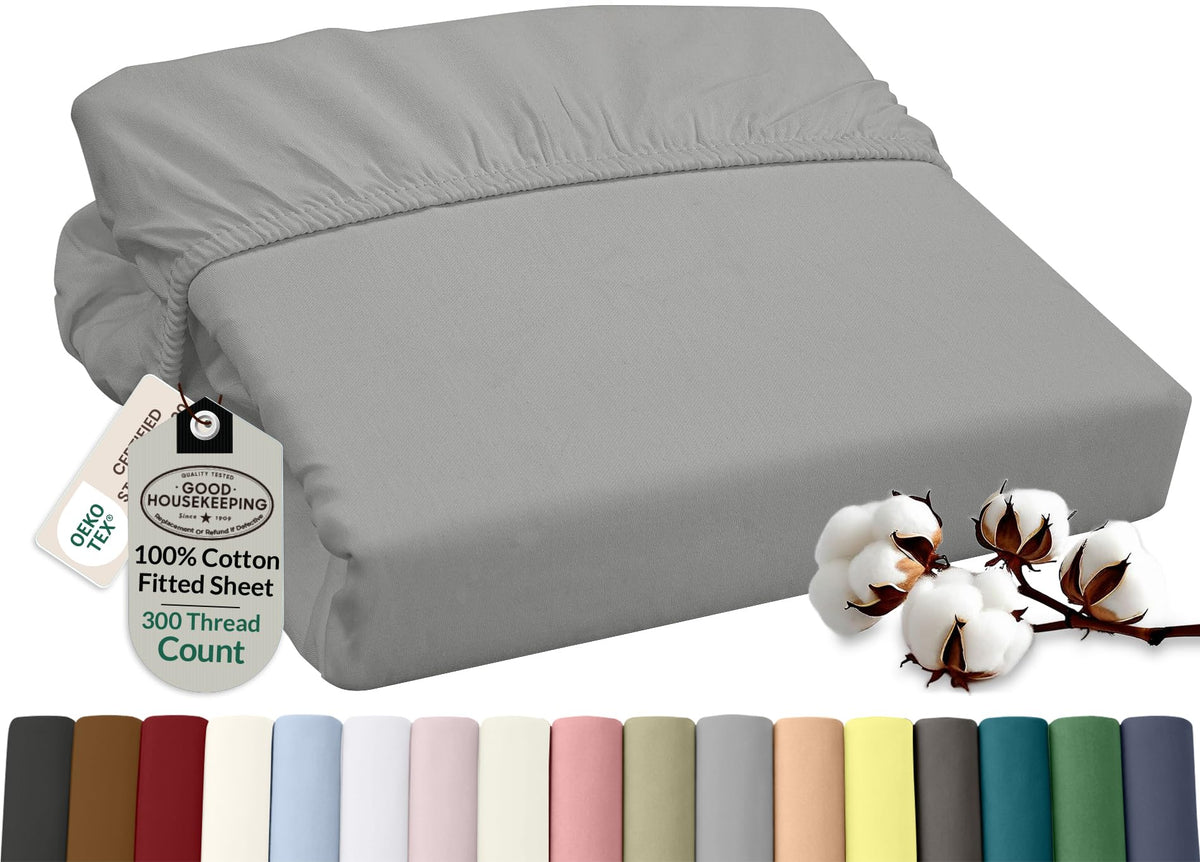 ROYALE LINENS 300 Thread Count 100% Long Staple Combed Cotton Fitted Sheet Full - Super Soft Deep Pocket Bottom Sheet - Fitted Sheets Only - Elastic Sheets (Full, White)