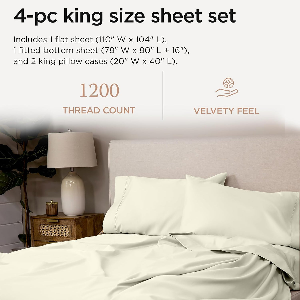Threadmill 1200 Thread Count Supima Cotton King Sheet Set, Sateen, Ivory
