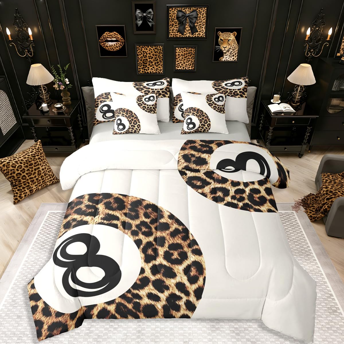 Erosebridal Leopard Print Bedding Set,7 Piece Pink Lucky 8 Ball Cheetah Bed in A Bag Queen Comforter Set for Boys Girls Women Preppy Room Decor Aesthetic Comforter and Sheets Fashion Coquette Bed Set