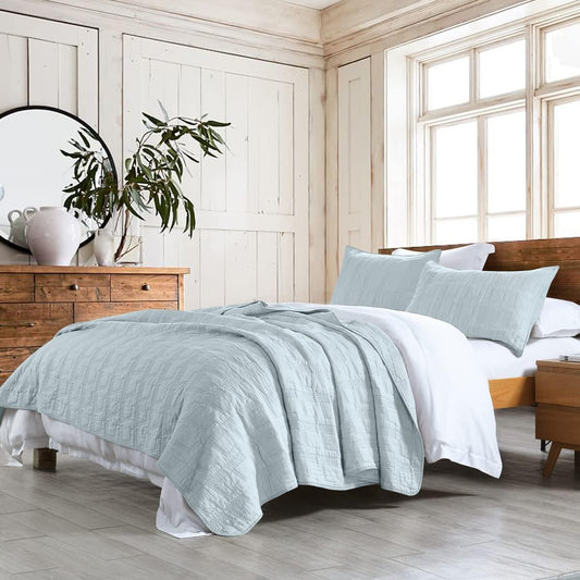 HORIMOTE HOME 100% Cotton Quilt Set Queen Size, Baby Blue Pre-Washed 3-Piece Bedspread Coverlet Set, Cozy Lightweight Stitching Bedding Cover with 2 Shams in Geometric Pattern for All Season