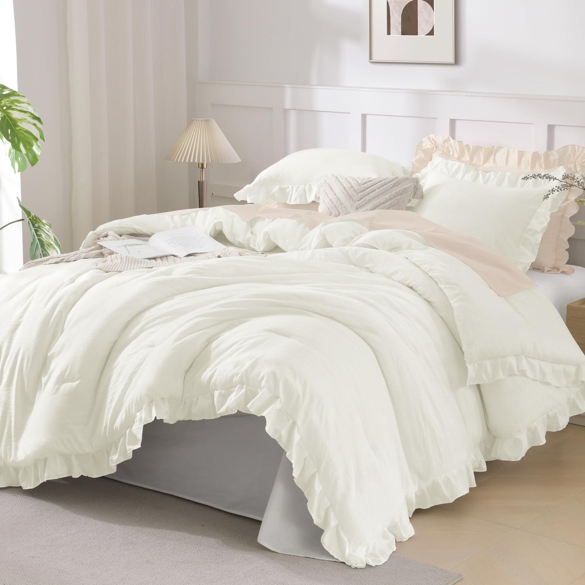 Andency Pink Ruffle Comforter Twin Size, 2 Pieces Soft Bed Set