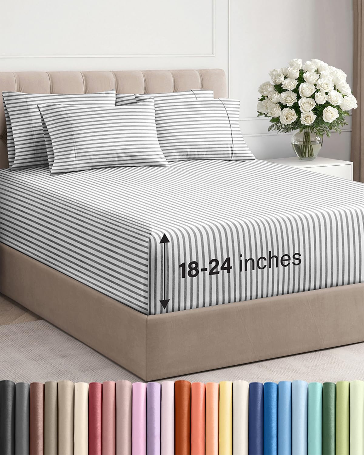 Extra Deep Queen Sheet Set - 6 Piece Breathable and Cooling Sheets - Grey