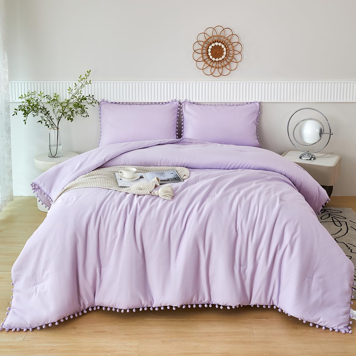 PERFEMET 5 Pieces Lavender Purple Comforter Set Twin Girls Pom Bedding Sets