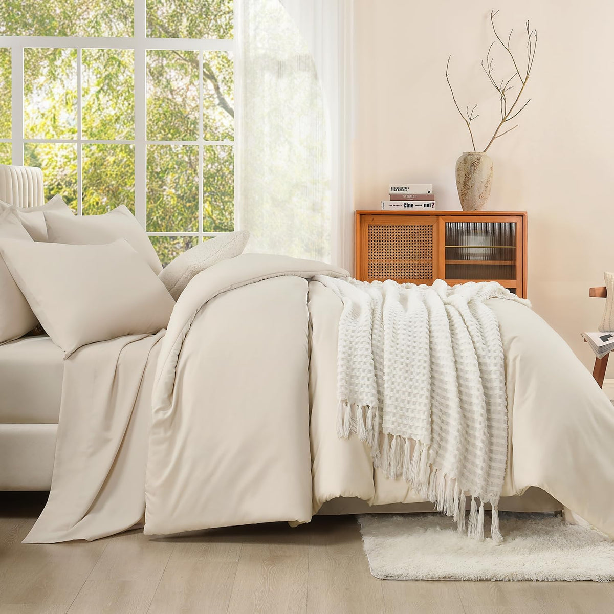 Litanika King Comforter Set with Sheets Beige - 7 Pieces Solid Bed in a Bag