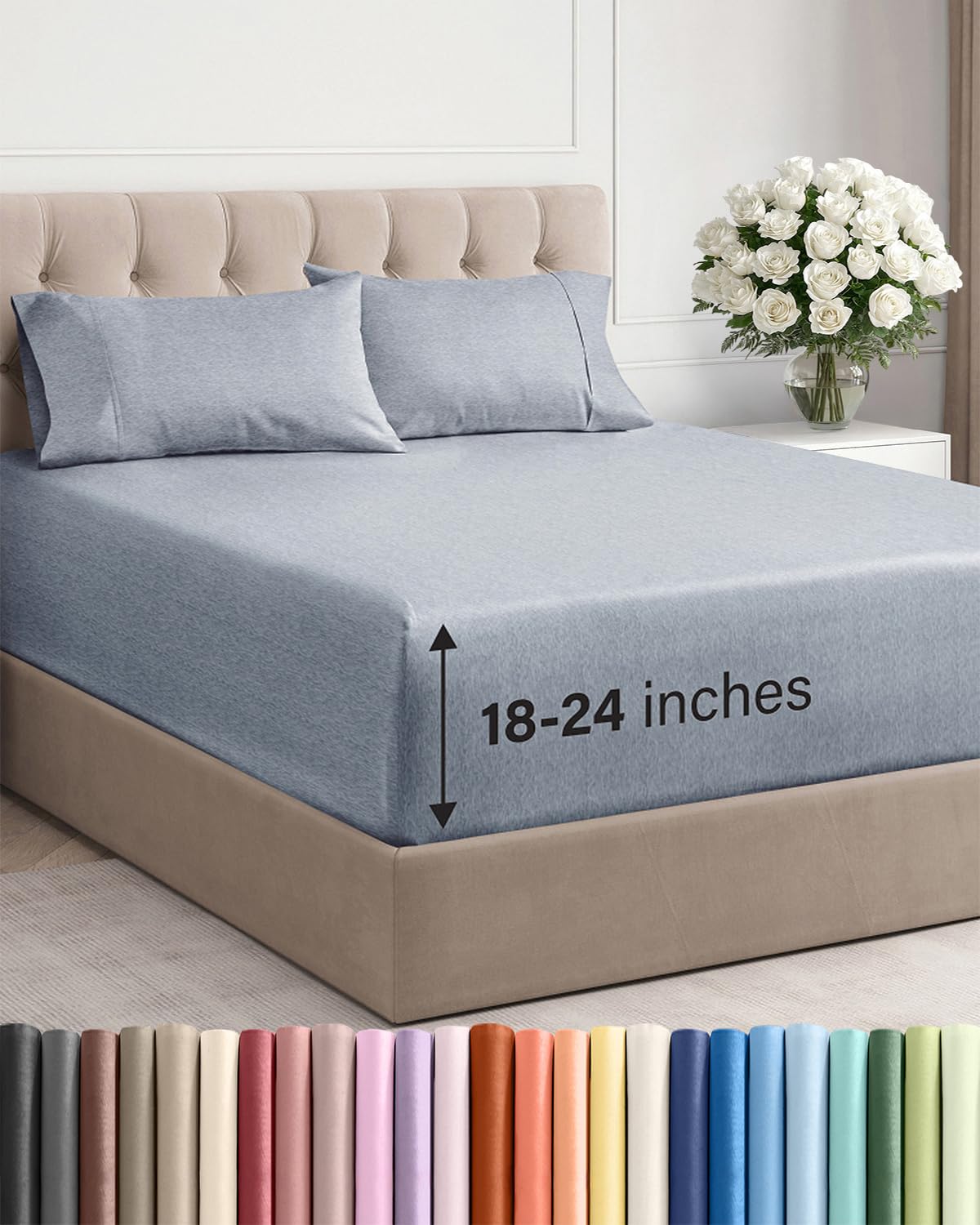 Extra Deep Queen Sheet Set - 6 Piece Breathable and Cooling Sheets - Grey