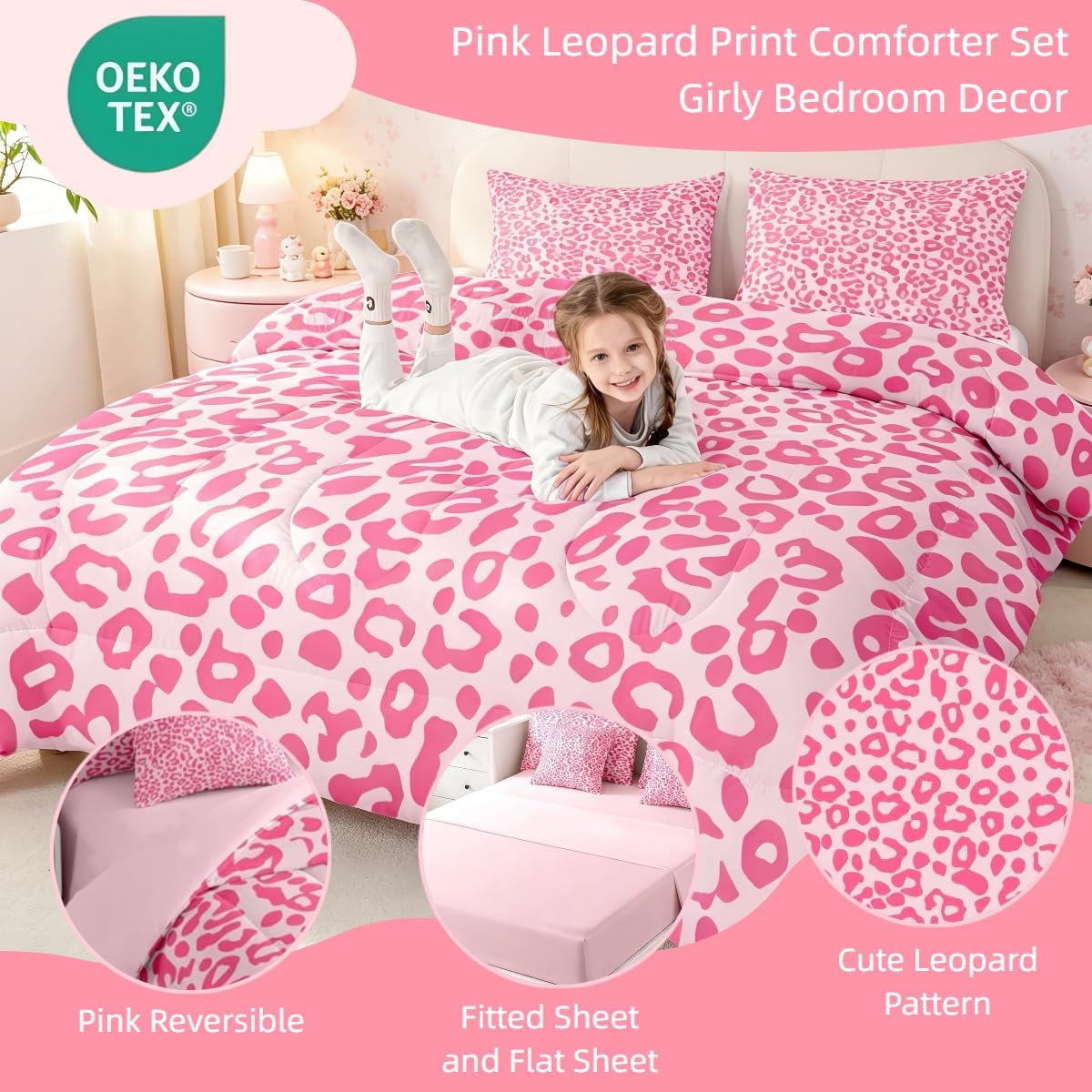 Feelyou Cute Leopard Bedding Set for All Season Cheetah 7 Pieces Comforter Sets Full Size Teens Room Decor Pink Animal Print Bed in a Bag with Comforter, Sheets, Pillowcases & Cushion Cover