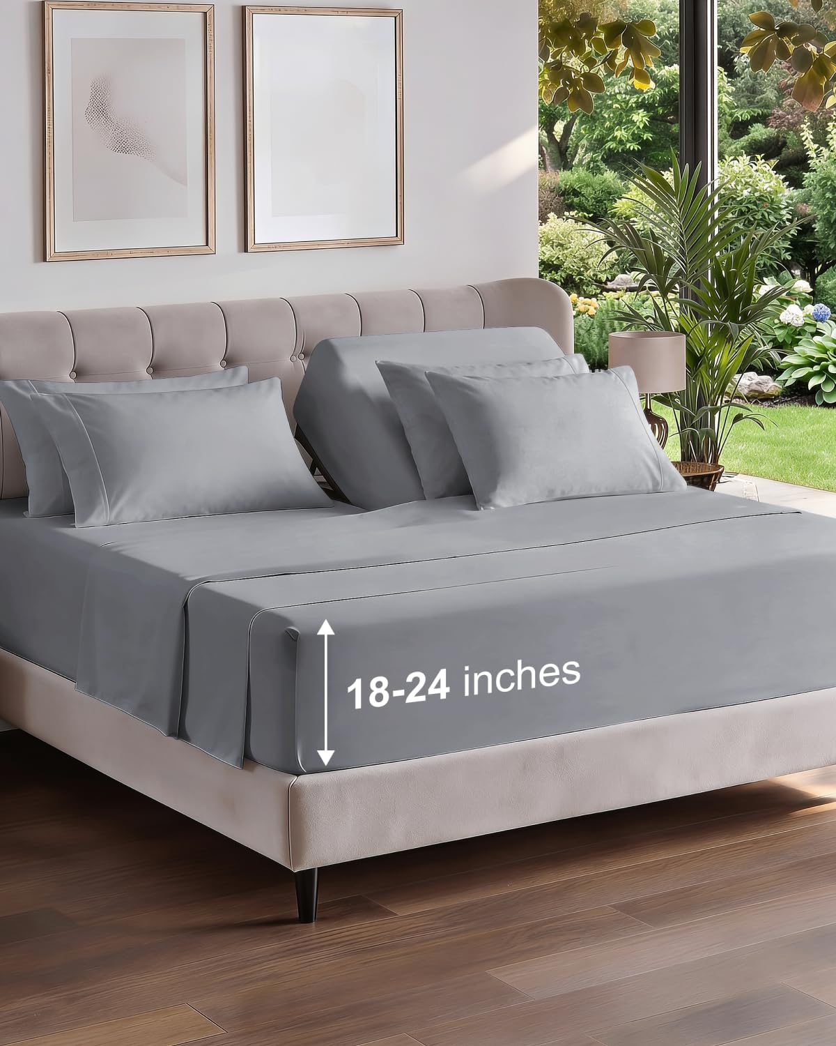 Extra Deep Queen Sheet Set - 6 Piece Breathable and Cooling Sheets - Grey