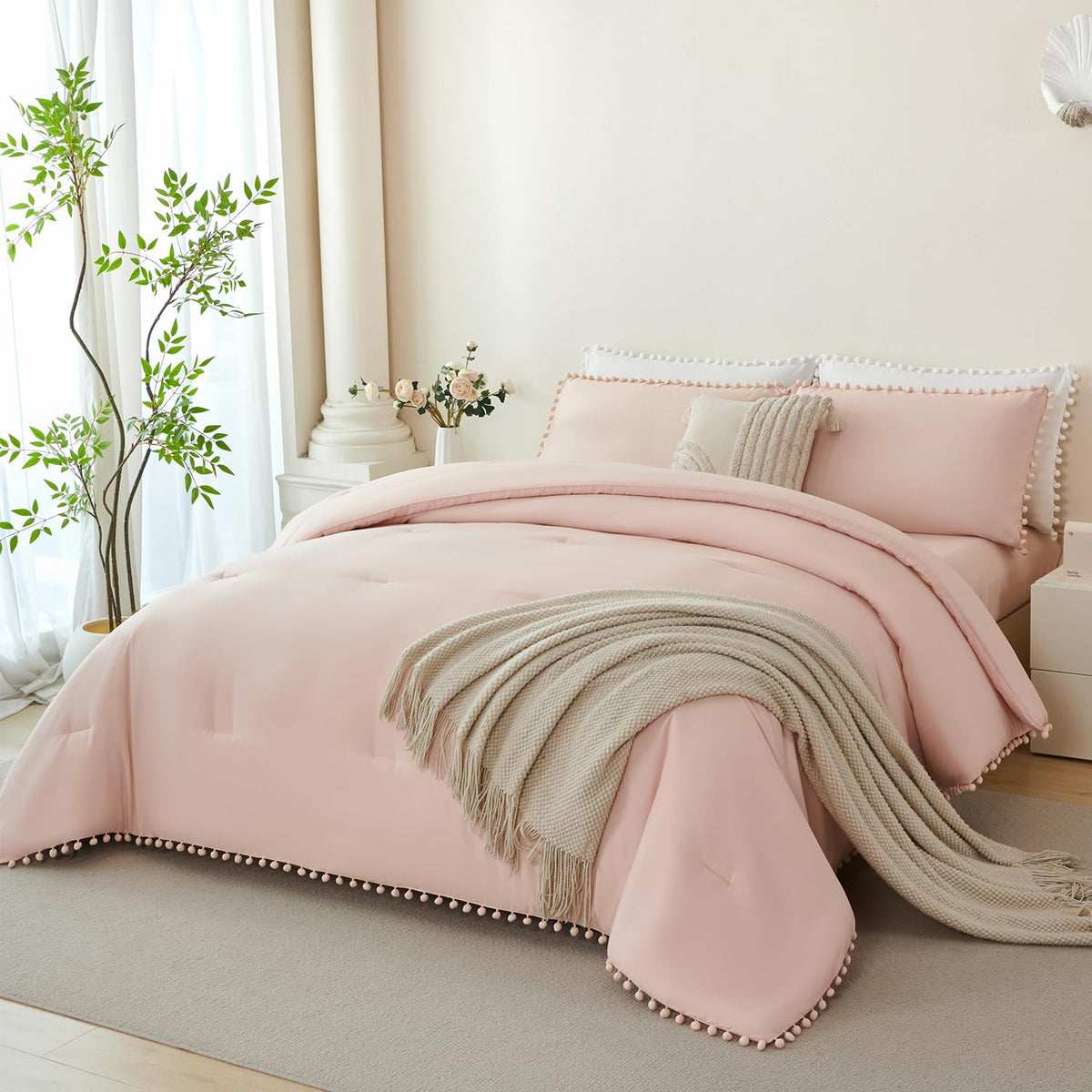 PERFEMET 5 Pieces Lavender Purple Comforter Set Twin Girls Pom Bedding Sets