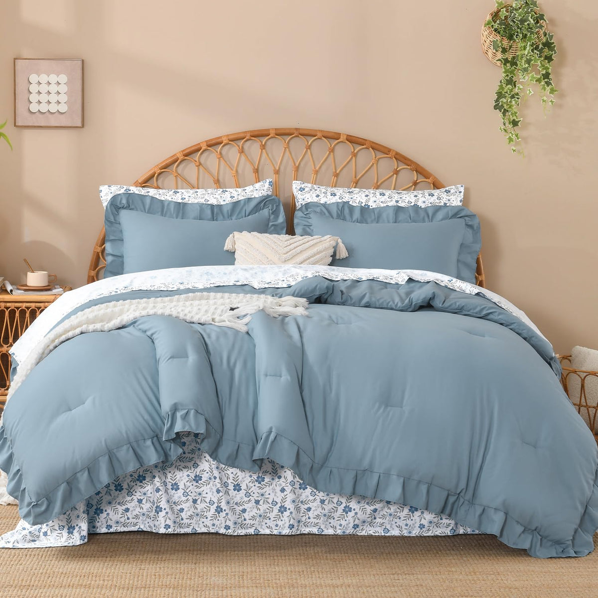 Litanika 7Pcs Queen Ruffled Sage Green Comforter Set with Floral Sheets