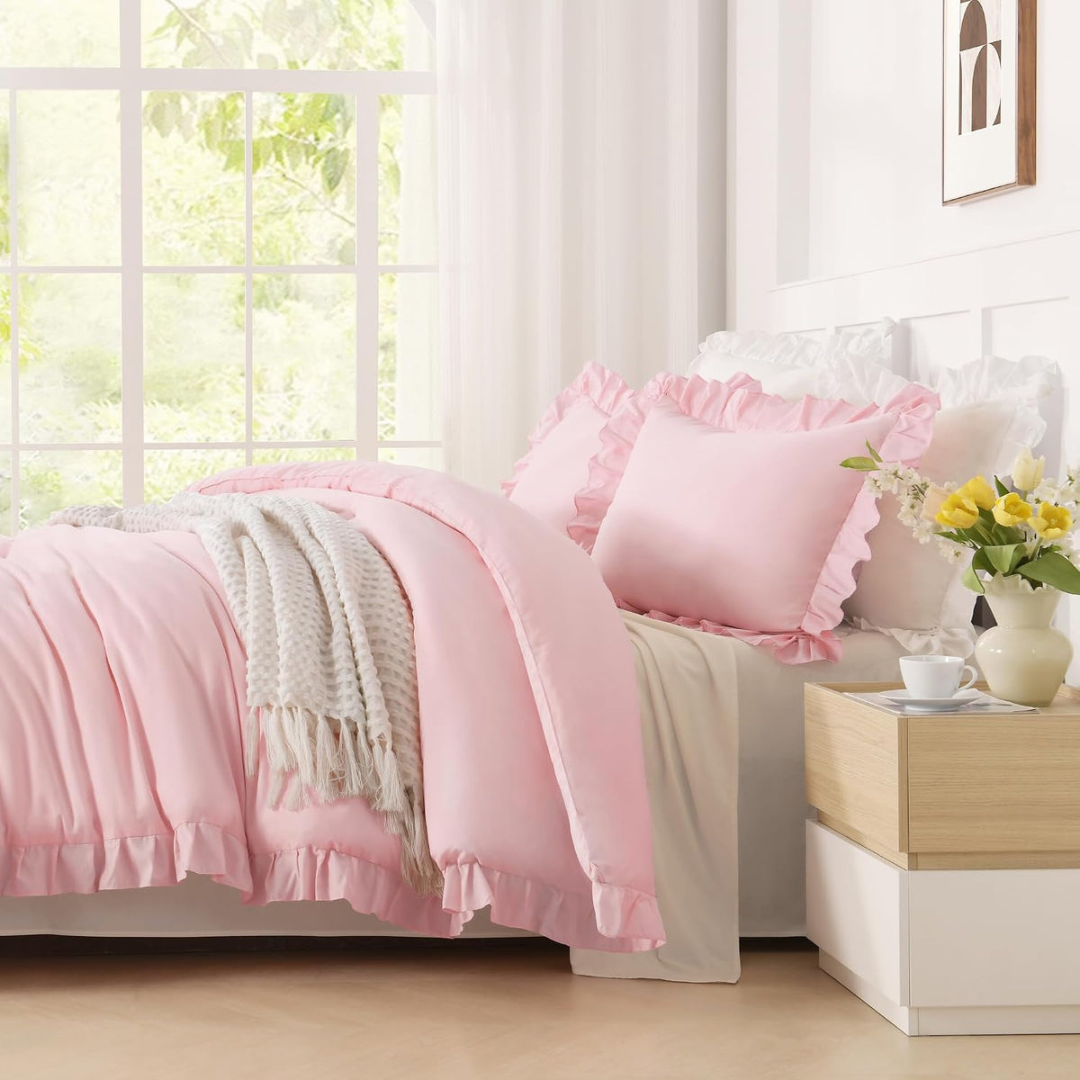 Andency Pink Ruffle Comforter Twin Size, 2 Pieces Soft Bed Set